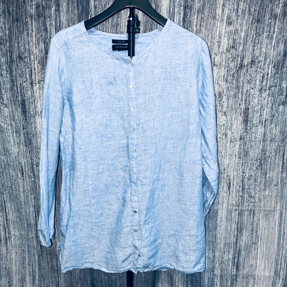 Tahari 100% Linen Long Sleeve Button Up Blue Top NO SIZE TAG SEE MEASUREMENTS - Picture 1 of 8